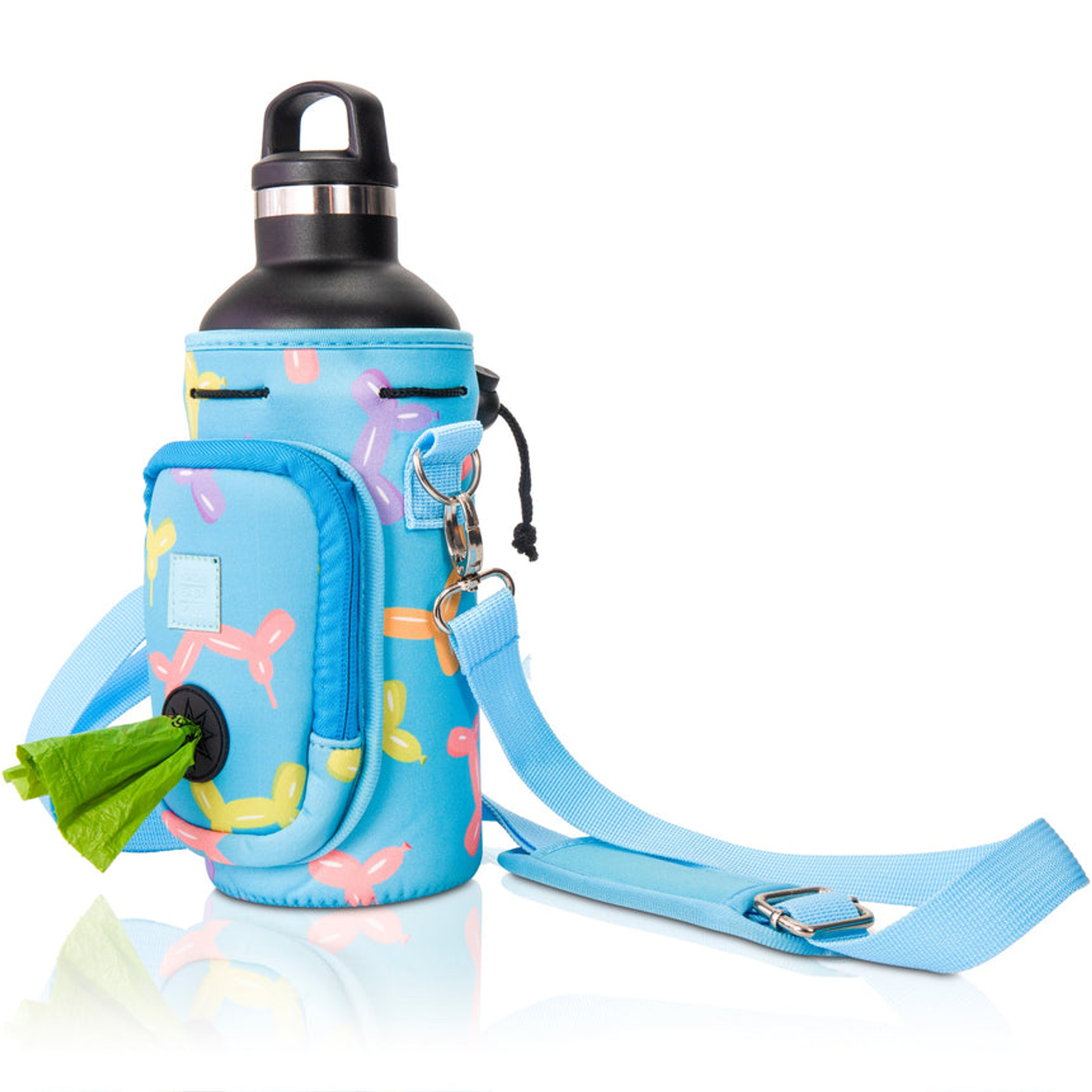 Made Easy Kit Water Bottle Carrier w/Pocket for Dog Poop Bag 32oz Large Blue Balloon Dogs