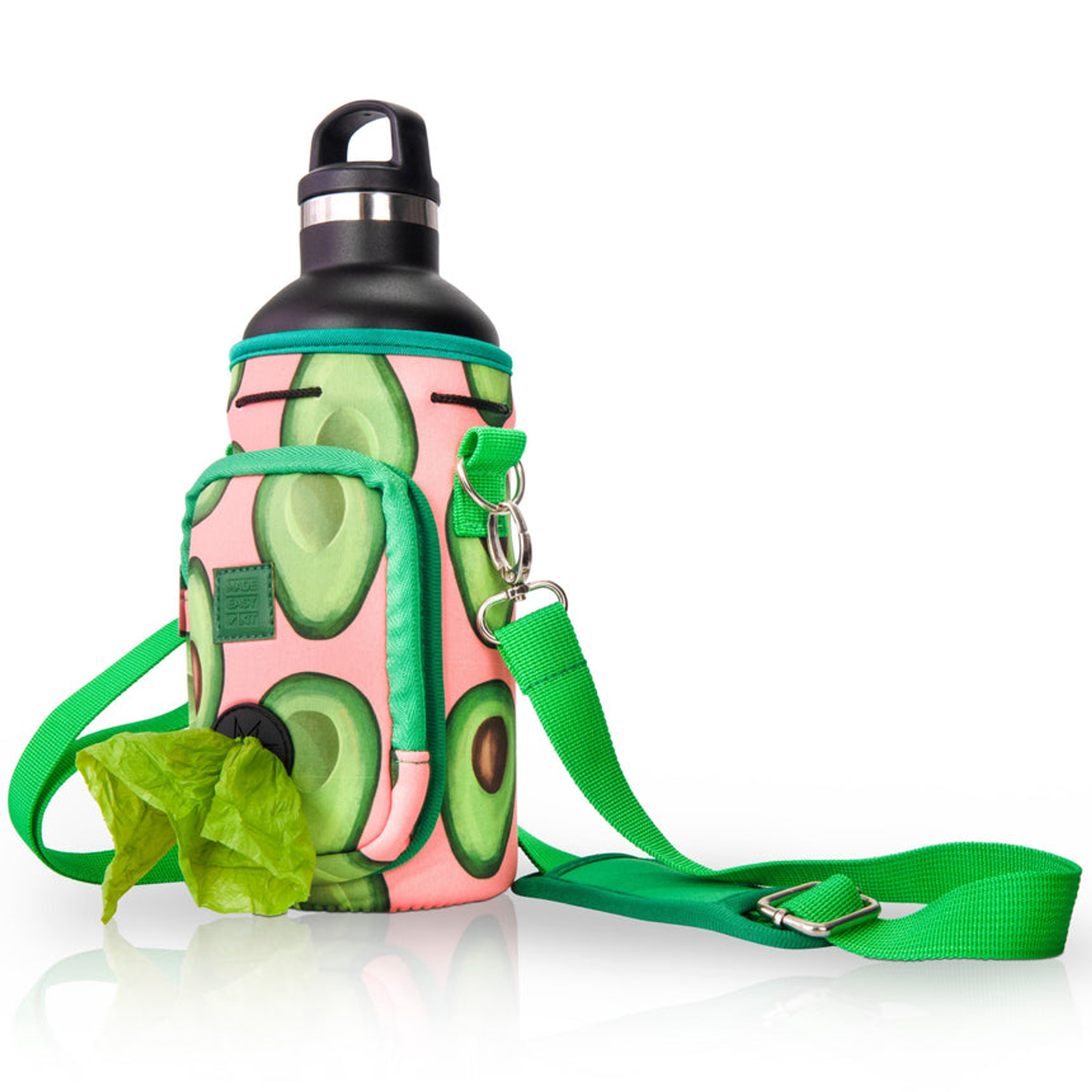 Made Easy Kit Water Bottle Carrier w/Pocket for Dog Poop Bag 32oz Large Green Pink Avocado