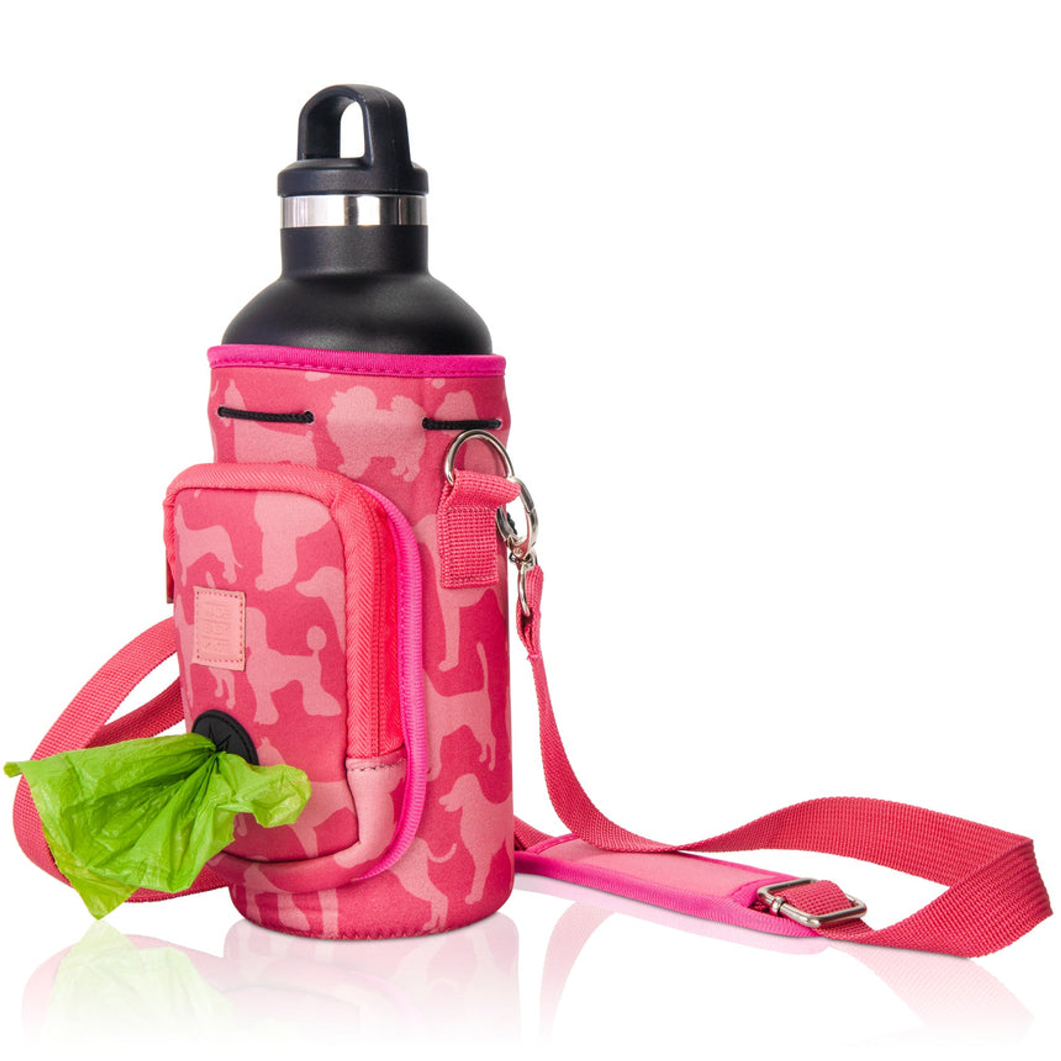Made Easy Kit Water Bottle Carrier w/Pocket for Dog Poop Bag 32oz Large Pink Dog Silhouettes