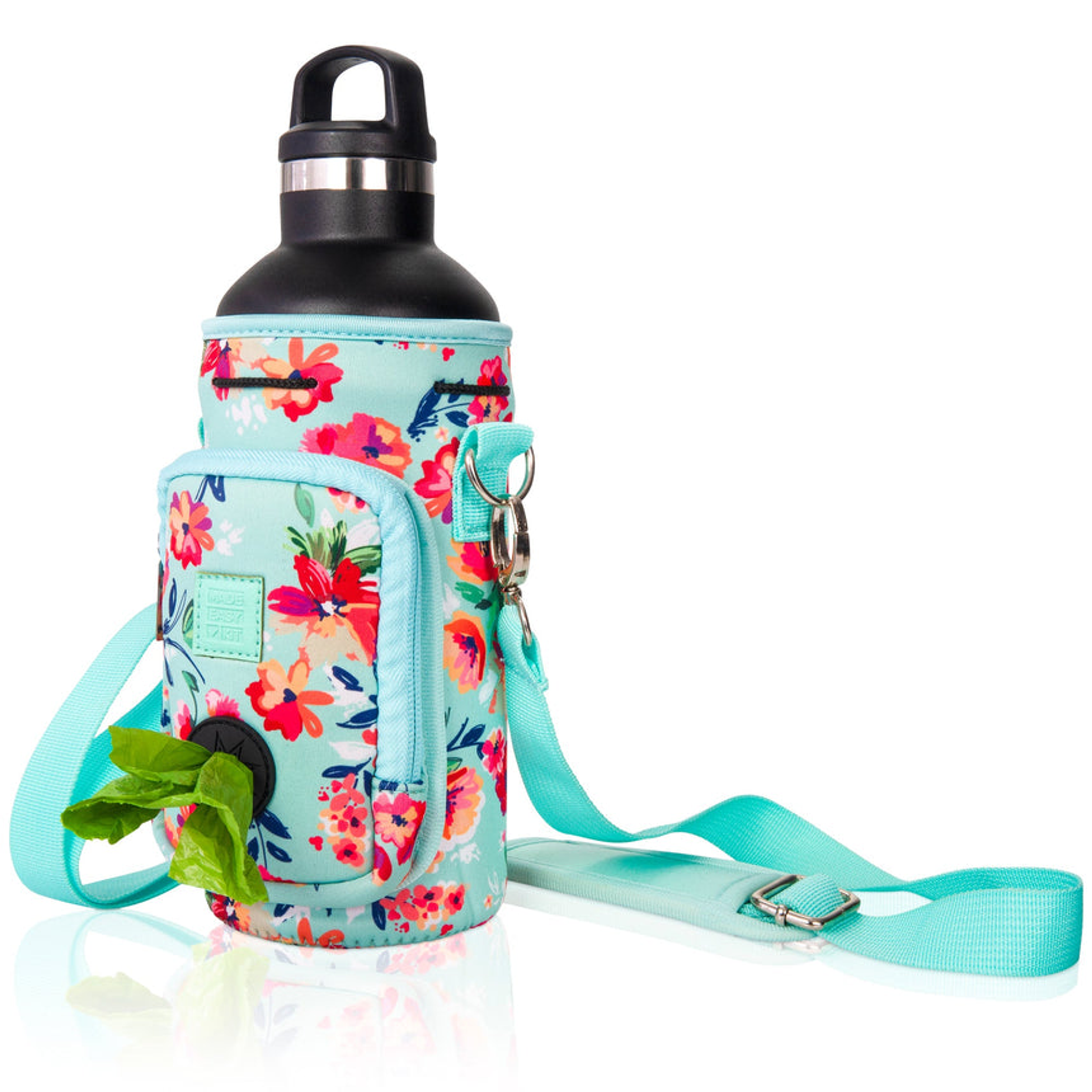 Made Easy Kit Water Bottle Carrier w/Pocket for Dog Poop Bag 32oz Large Teal Floral