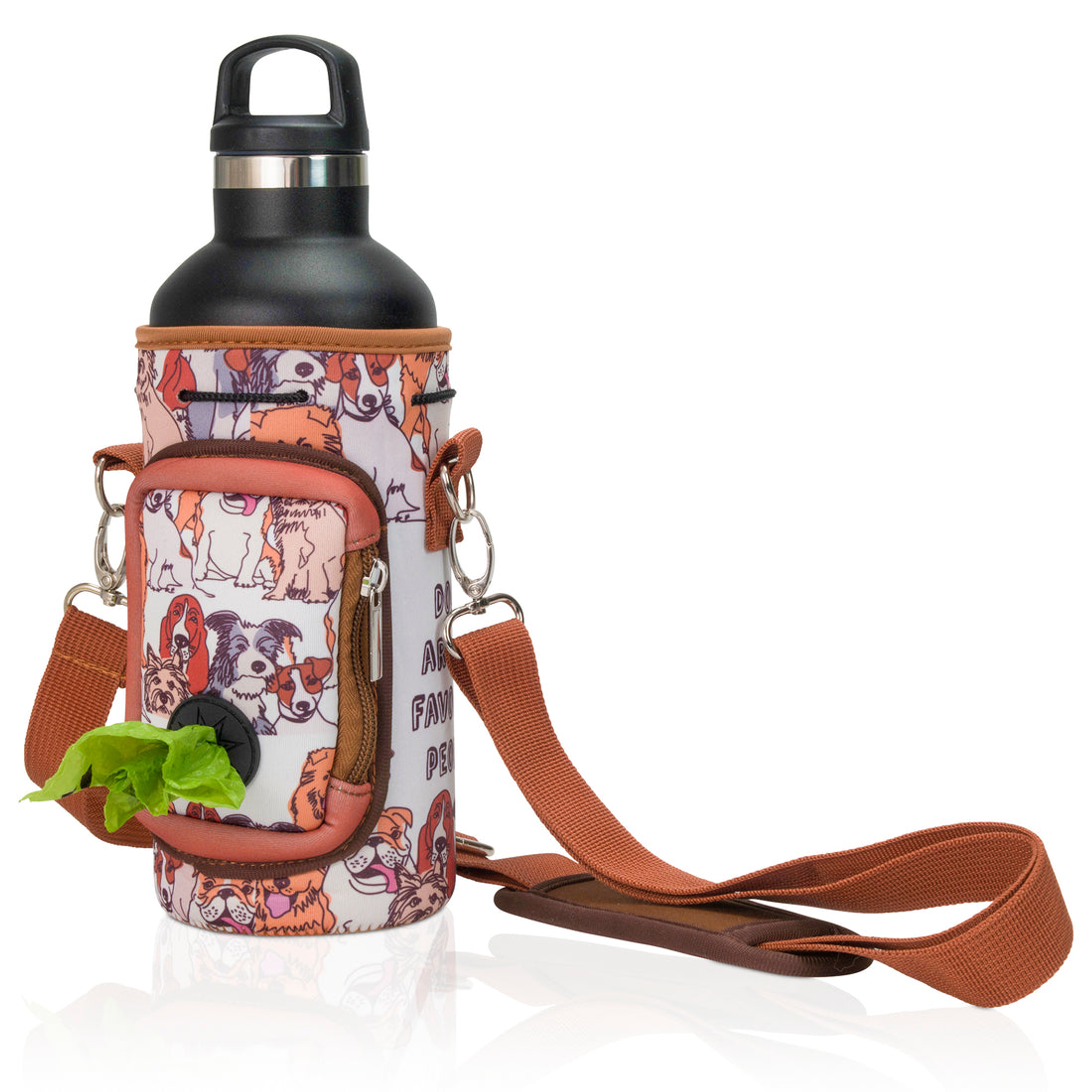 Made Easy Kit Water Bottle Carrier w/Pocket for Dog Poop Bag 40oz Tall & Large Brown Dog Lover