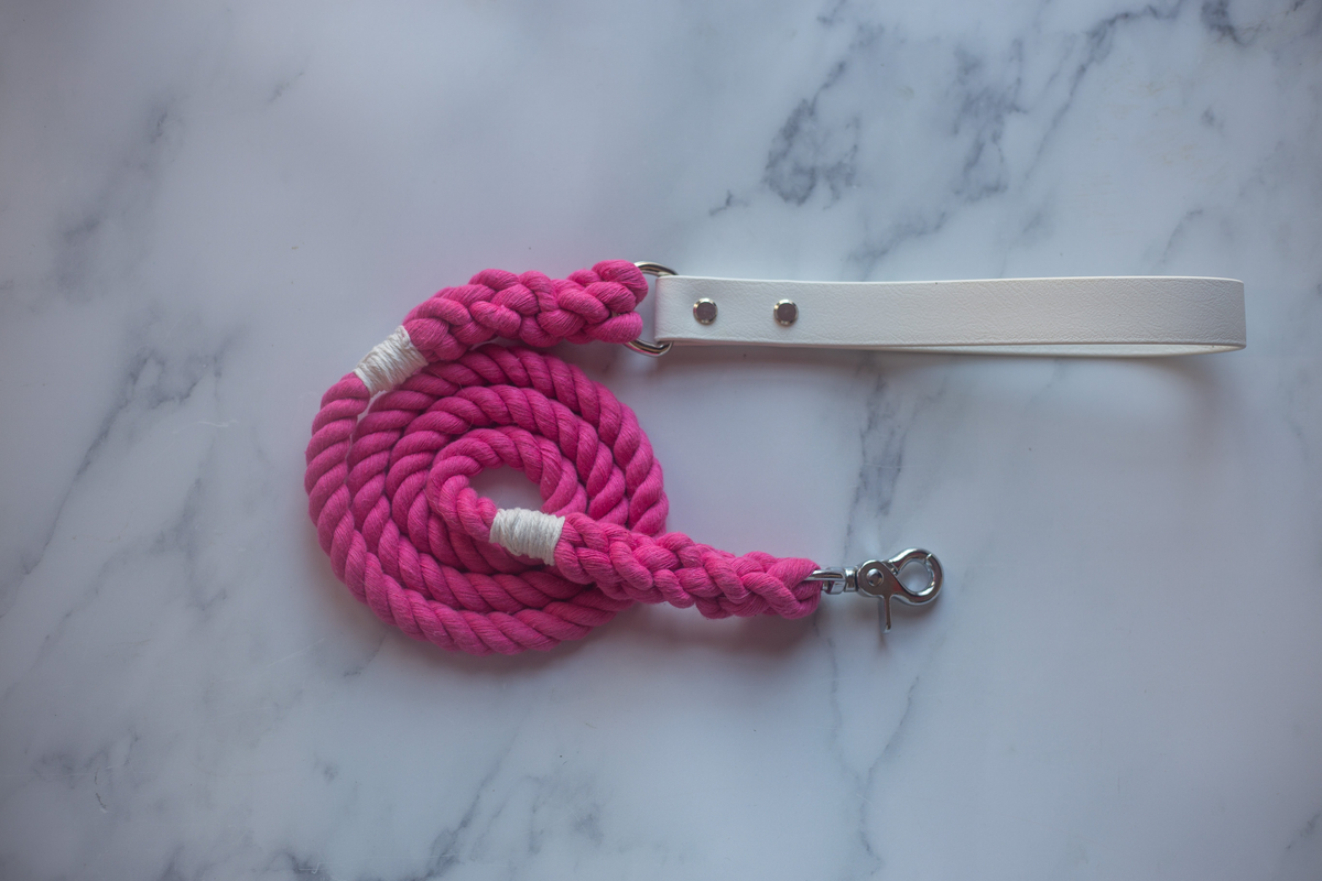 Biothane & Rope Leash Combo 5 ft White|Pink