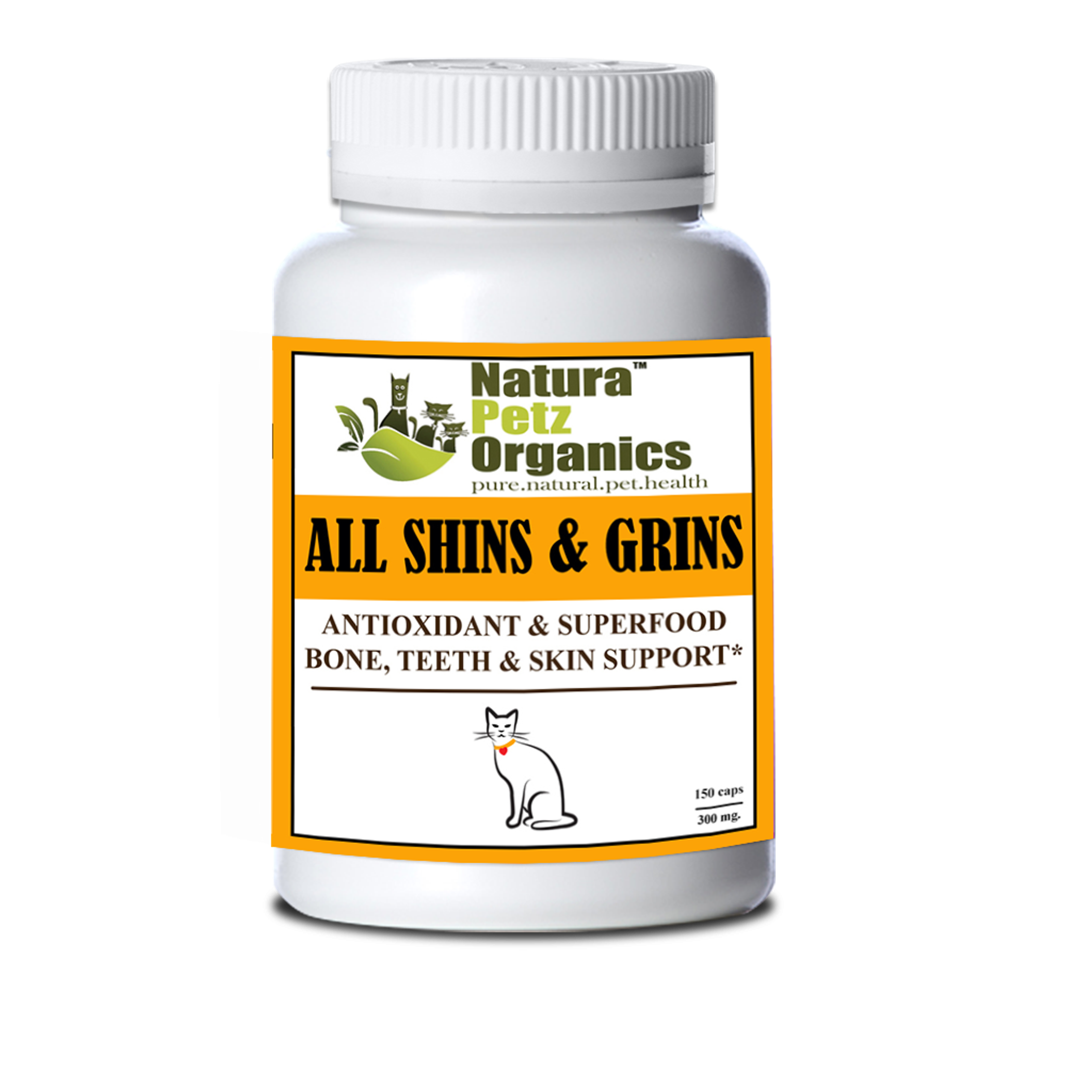 All Shins & Grins Capsules - Antioxidant Super Food Bone, Eye, Teeth & Skin Support Dog & Cat CAT/ 150 caps / 300 mg