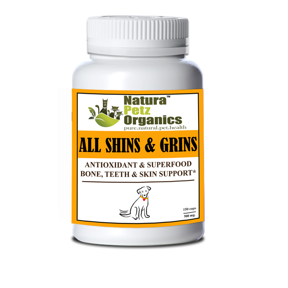 All Shins & Grins Capsules - Antioxidant Super Food Bone, Eye, Teeth & Skin Support Dog & Cat DOG/ 150 caps / 500 mg.