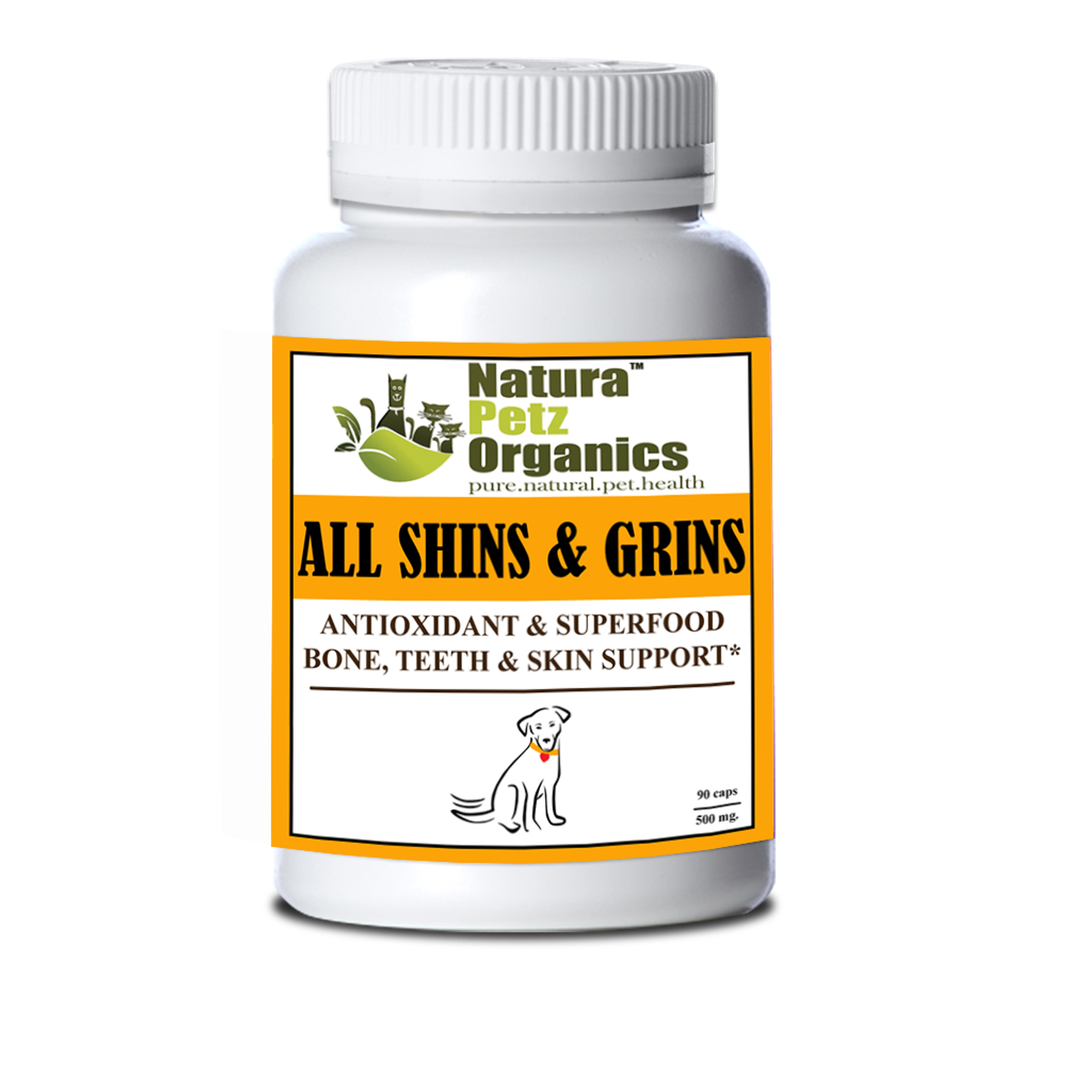 All Shins & Grins Capsules - Antioxidant Super Food Bone, Eye, Teeth & Skin Support Dog & Cat DOG/ 90 caps / 500 mg.