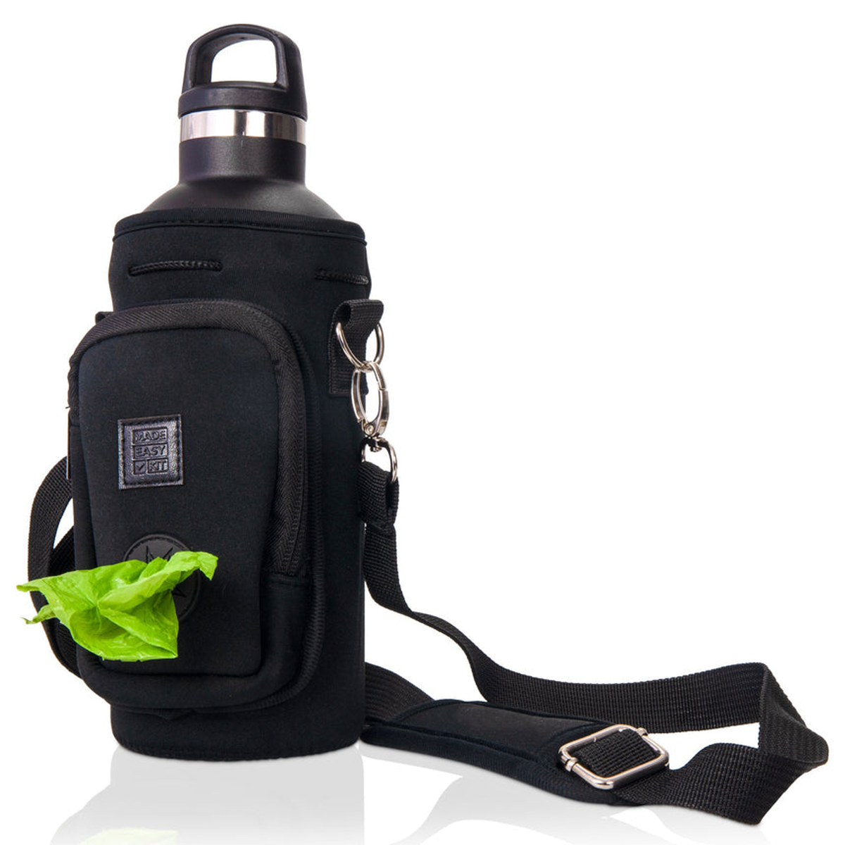Made Easy Kit Water Bottle Carrier w/Pocket for Dog Poop Bag 32oz Large Black
