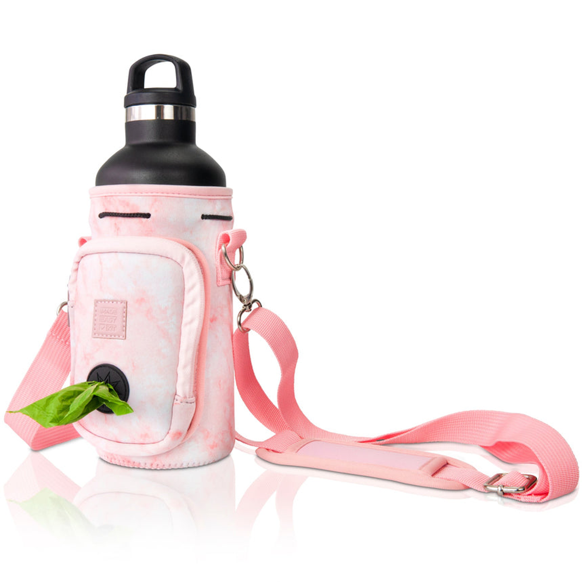 Made Easy Kit Water Bottle Carrier w/Pocket for Dog Poop Bag Pink Marble No Bowl