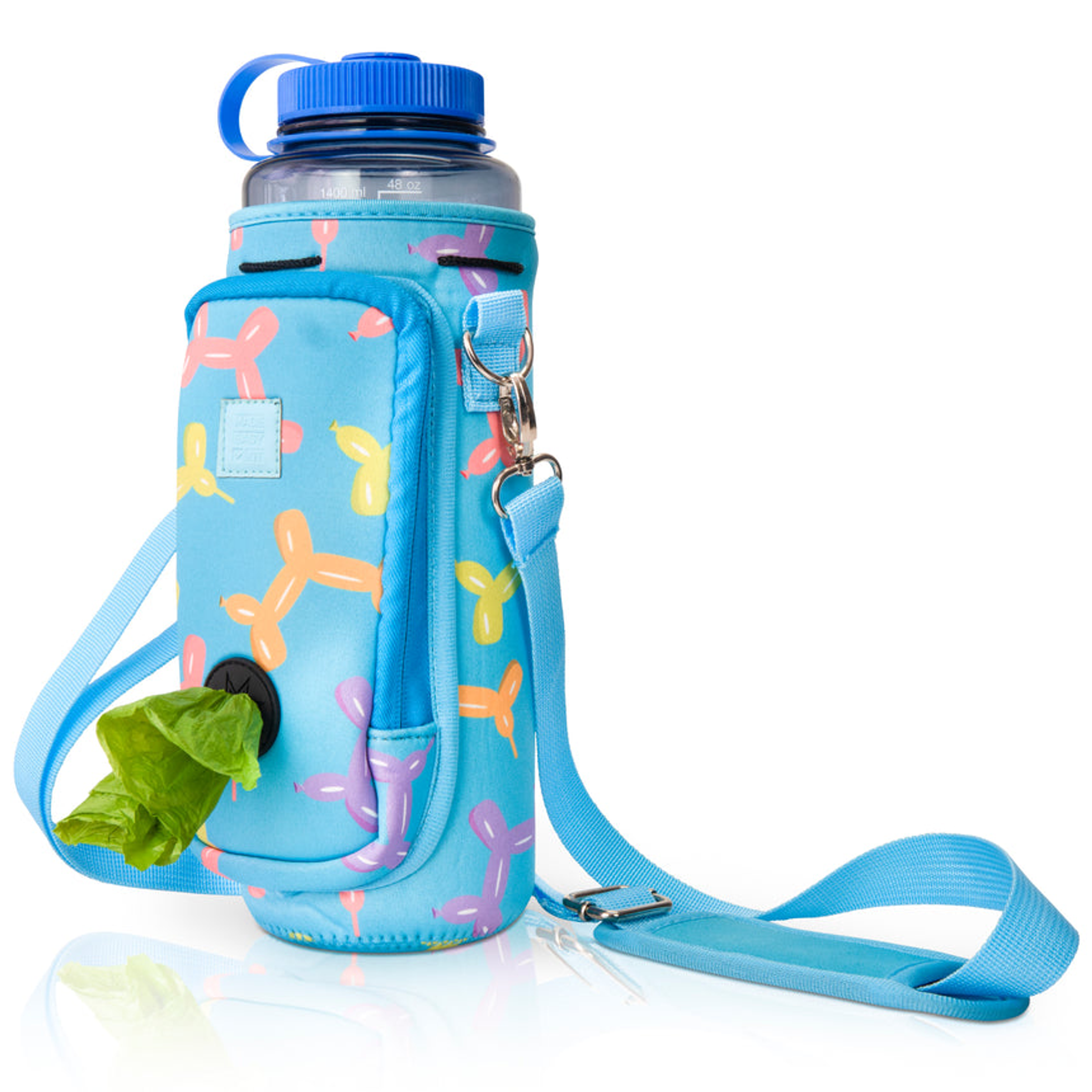 Made Easy Kit Water Bottle Carrier w/Pocket for Dog Poop Bag 40oz Tall & Large Blue Balloon Dogs