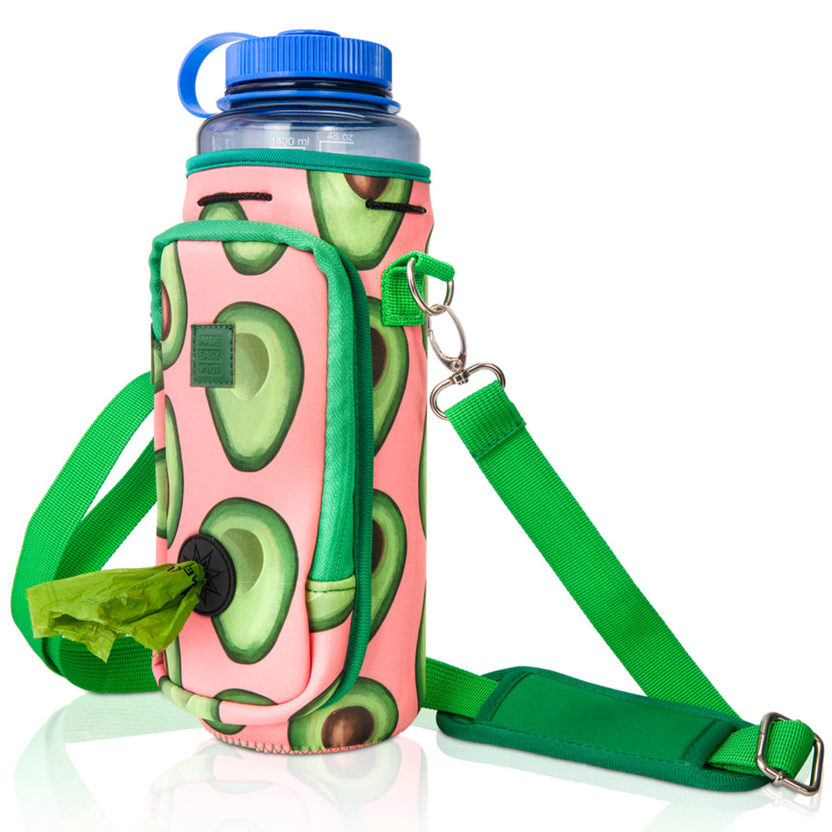 Made Easy Kit Water Bottle Carrier w/Pocket for Dog Poop Bag 40oz Tall & Large Green Pink Avocado