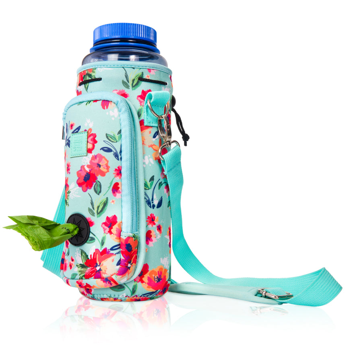 Made Easy Kit Water Bottle Carrier w/Pocket for Dog Poop Bag 40oz Tall & Large Teal Floral