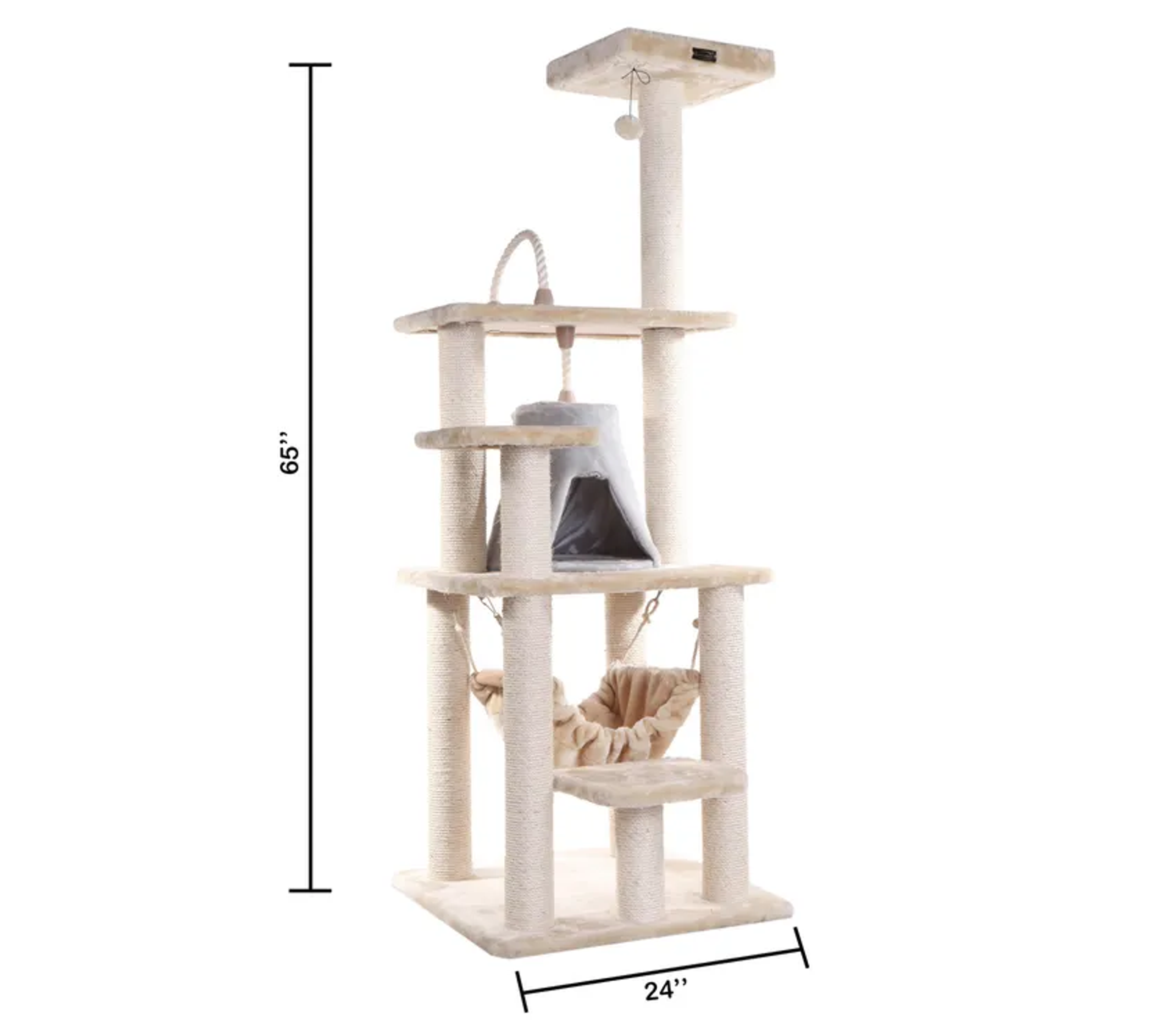 Real Wood 65" Cat Tree With Hammock, Playhouse A6501-3