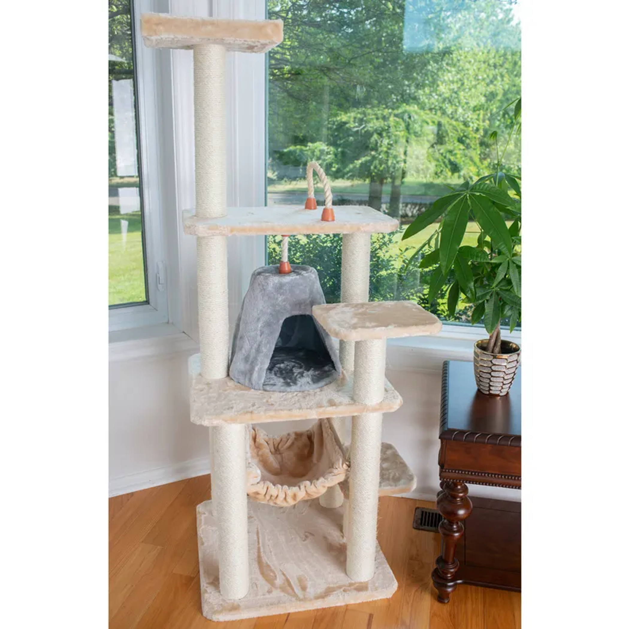 Real Wood 65" Cat Tree With Hammock, Playhouse A6501-6