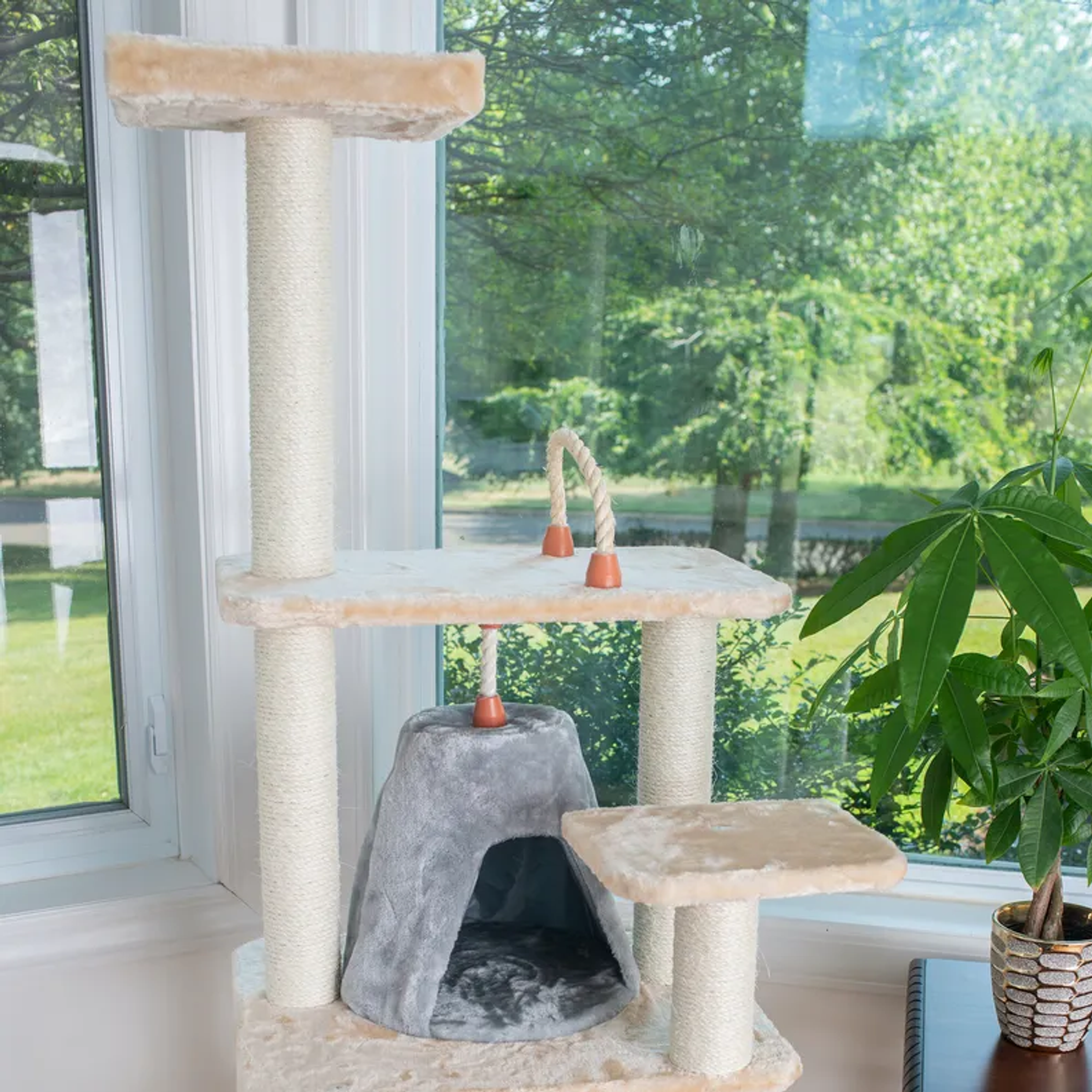 Real Wood 65" Cat Tree With Hammock, Playhouse A6501-7