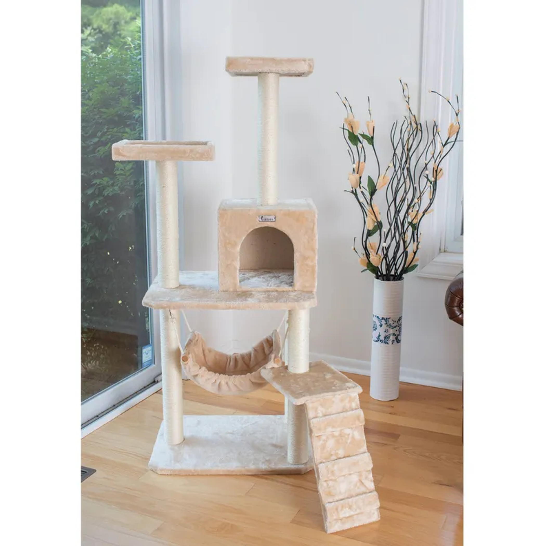 GleePet 57" H Cat Tree Beige Real Wood Cat Indoor House-3