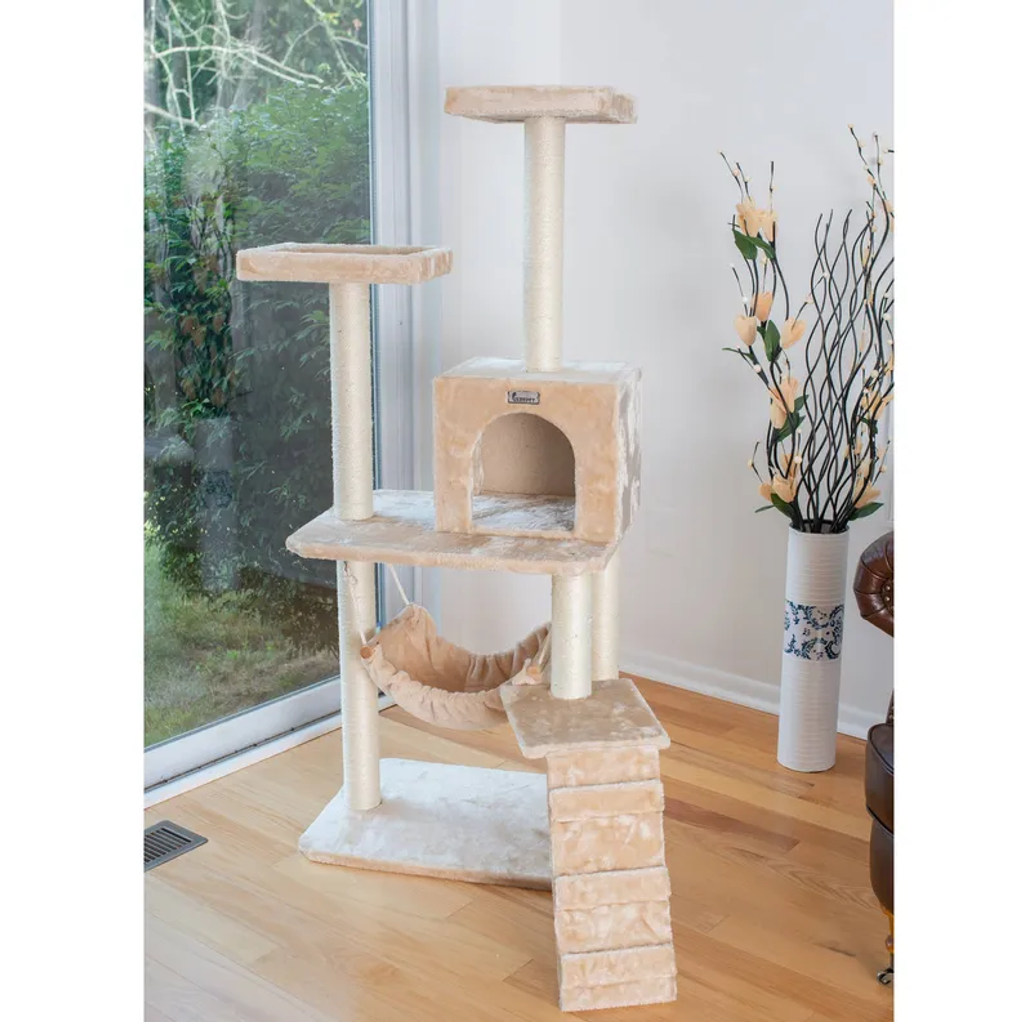 GleePet 57" H Cat Tree Beige Real Wood Cat Indoor House-4