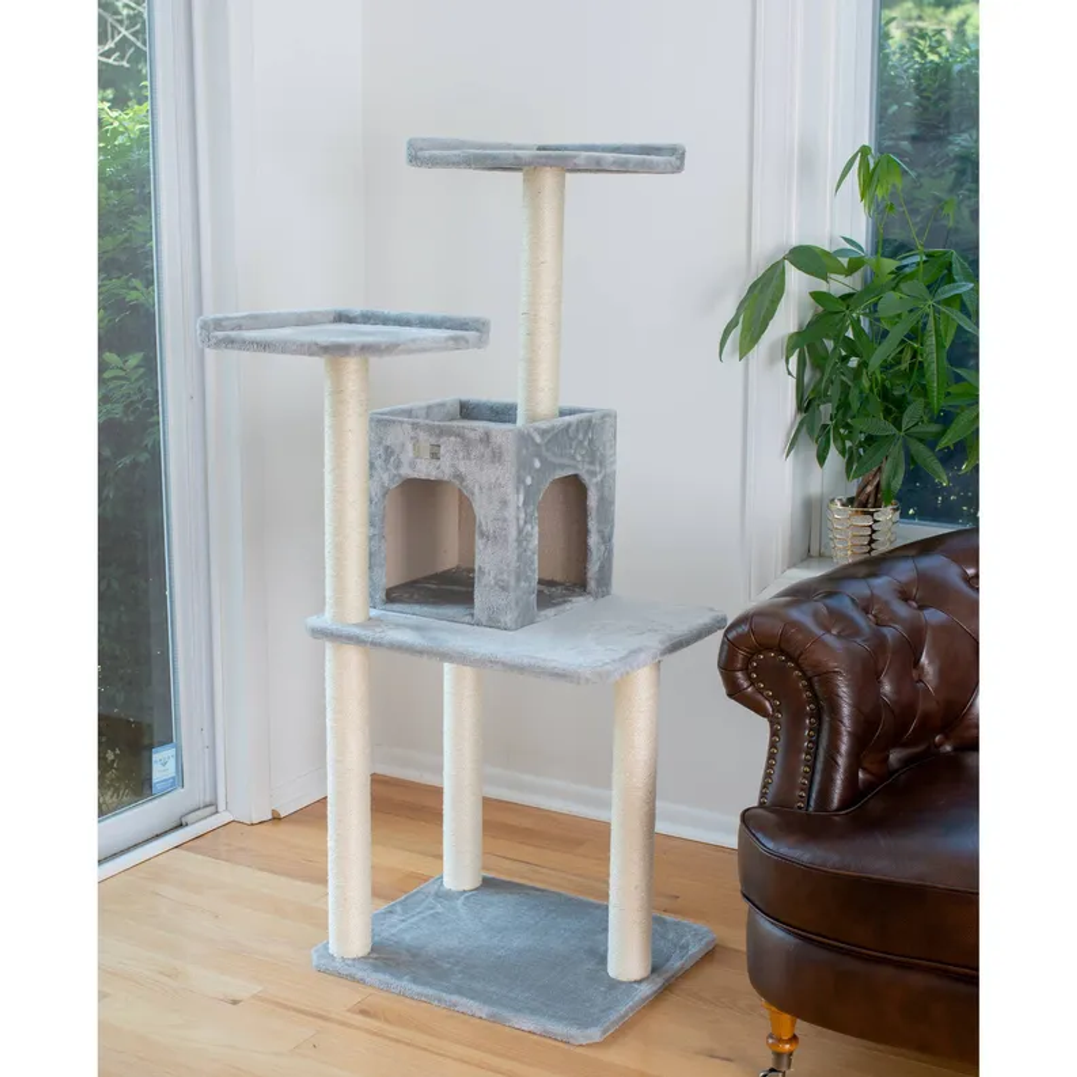 GleePet 57-Inch Cat Tree Two-Door Real Wood Condo Gray-3