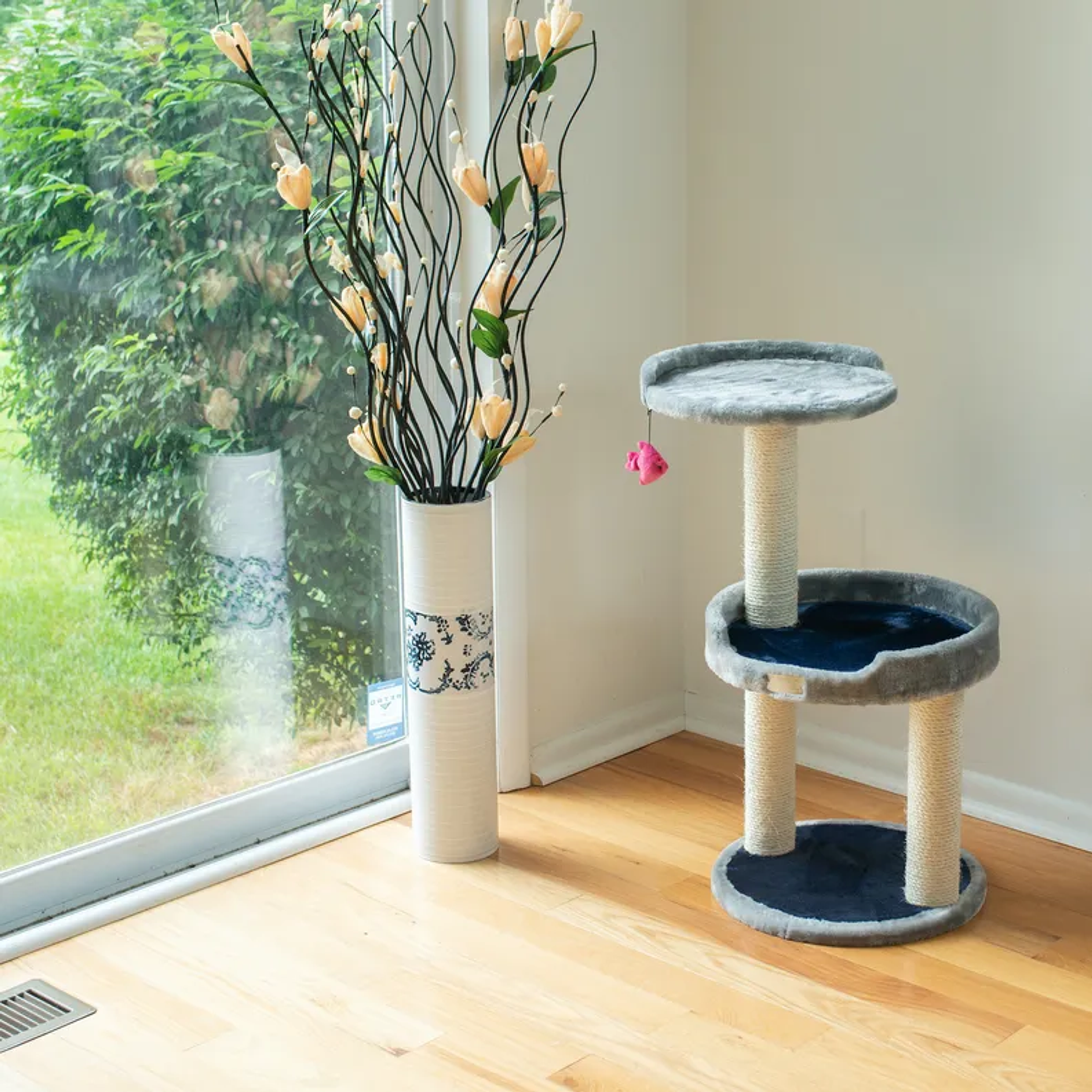 3 Level Real Wood Cat scratcher, x2905, Gray W Plush Perch-3