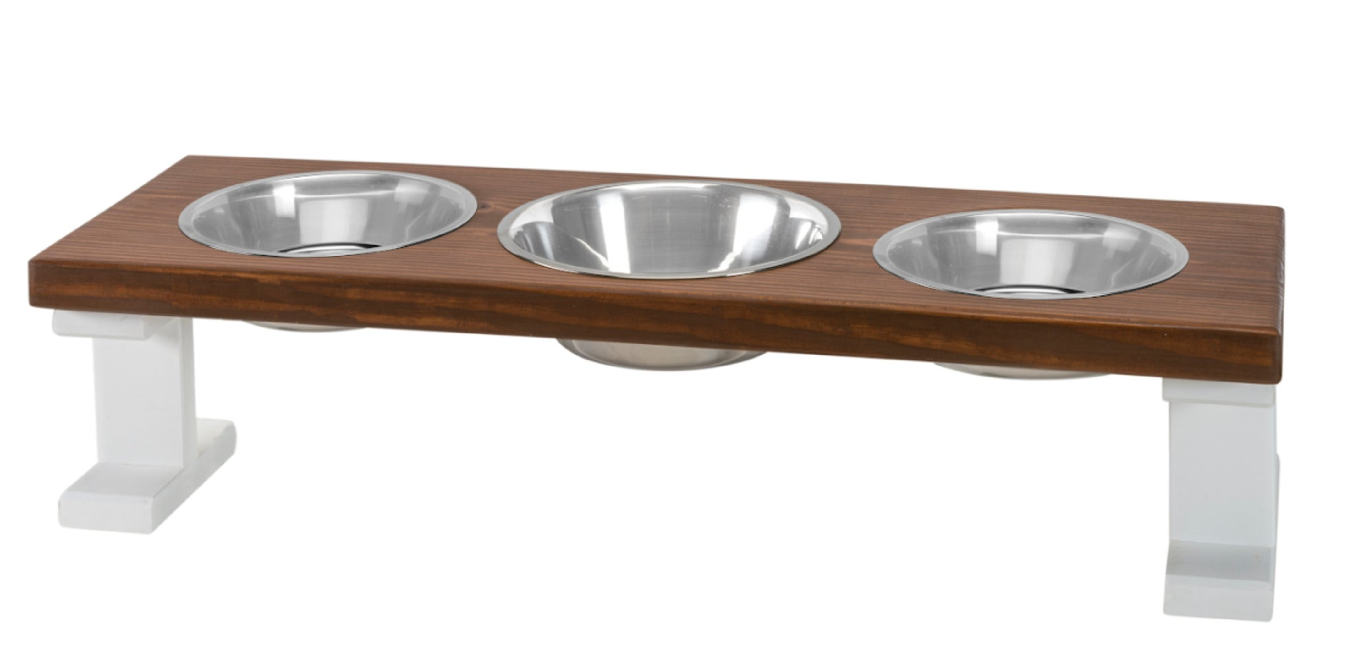 Farmhouse 3 Bowl Elevated Regular Feeder 8 Inch White/Chestnut