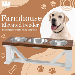Farmhouse 3-Bowl Elevated Dog Feeder Chestnut Large, White Base-2