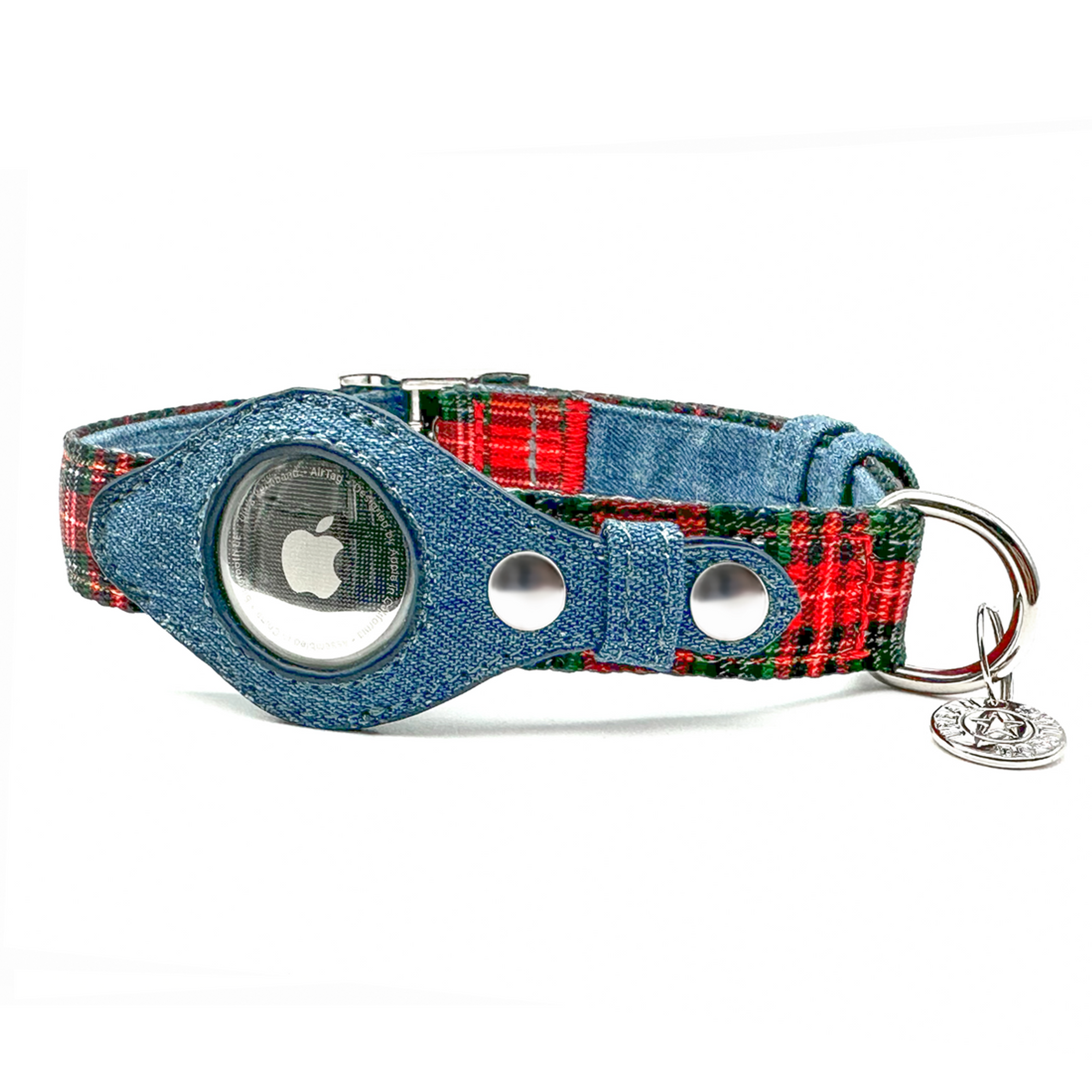 Apple Airtag Collar XS Red Plaid & Denim