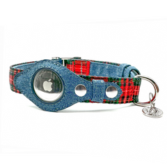 Apple Airtag Collar XS Red Plaid & Denim