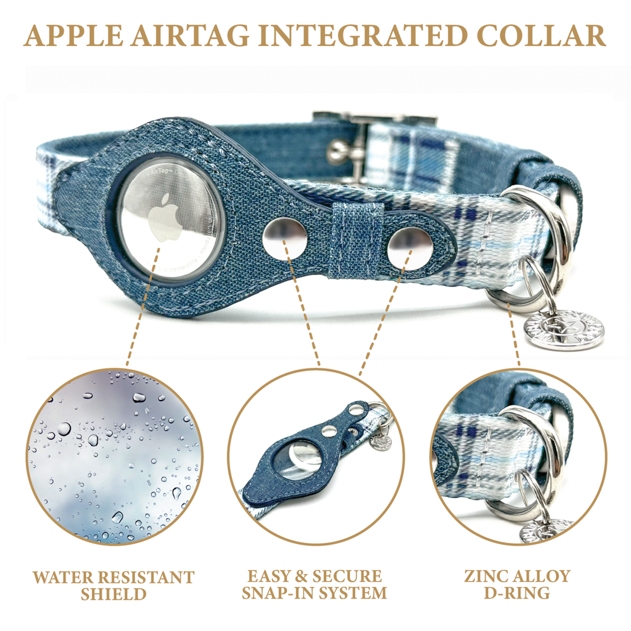 Apple Airtag Collar Medium Blue Plaid & Denim-2