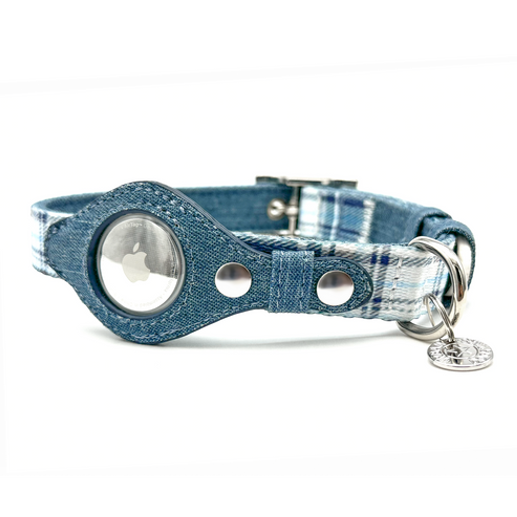Apple Airtag Collar XS Blue Plaid & Denim