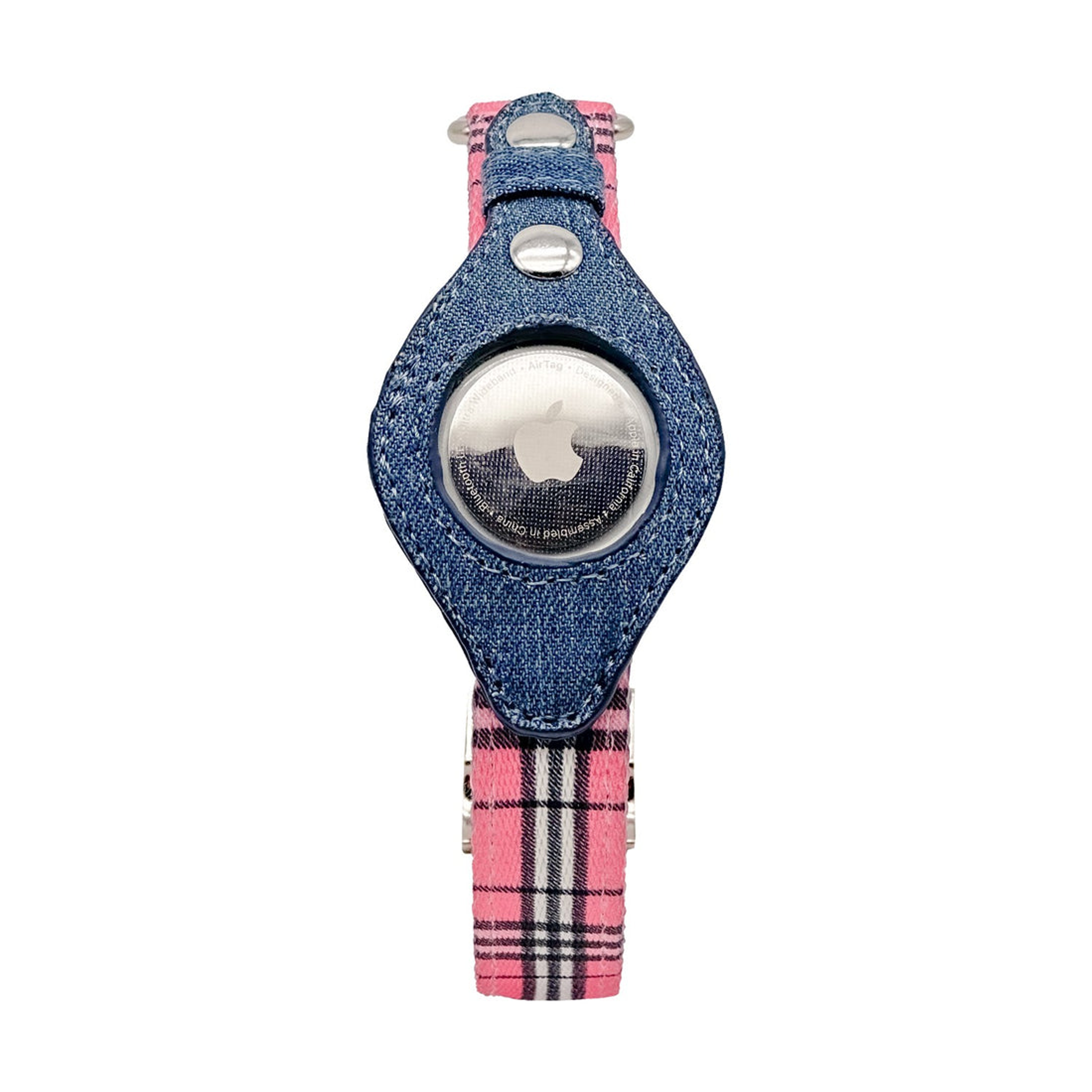 Apple Airtag Collar Large Pink Plaid & Denim-4