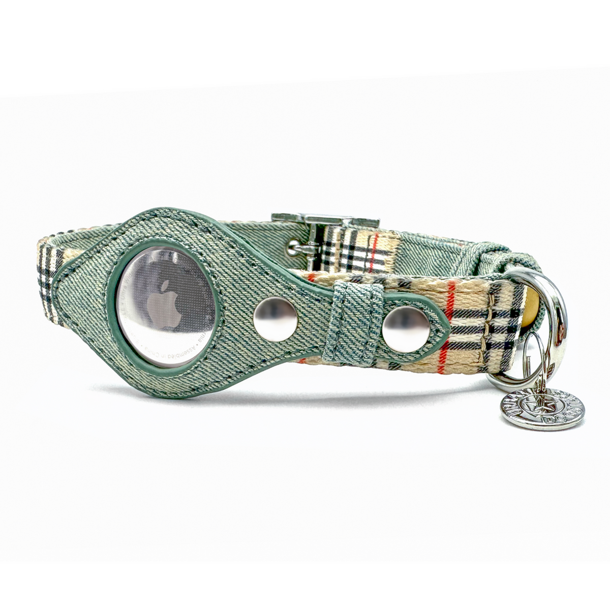 Apple Airtag Collar Medium Beige Plaid & Denim