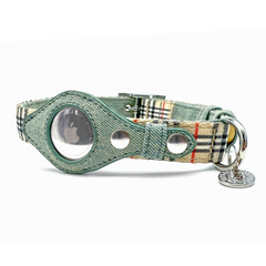 Apple Airtag Collar Medium Beige Plaid & Denim