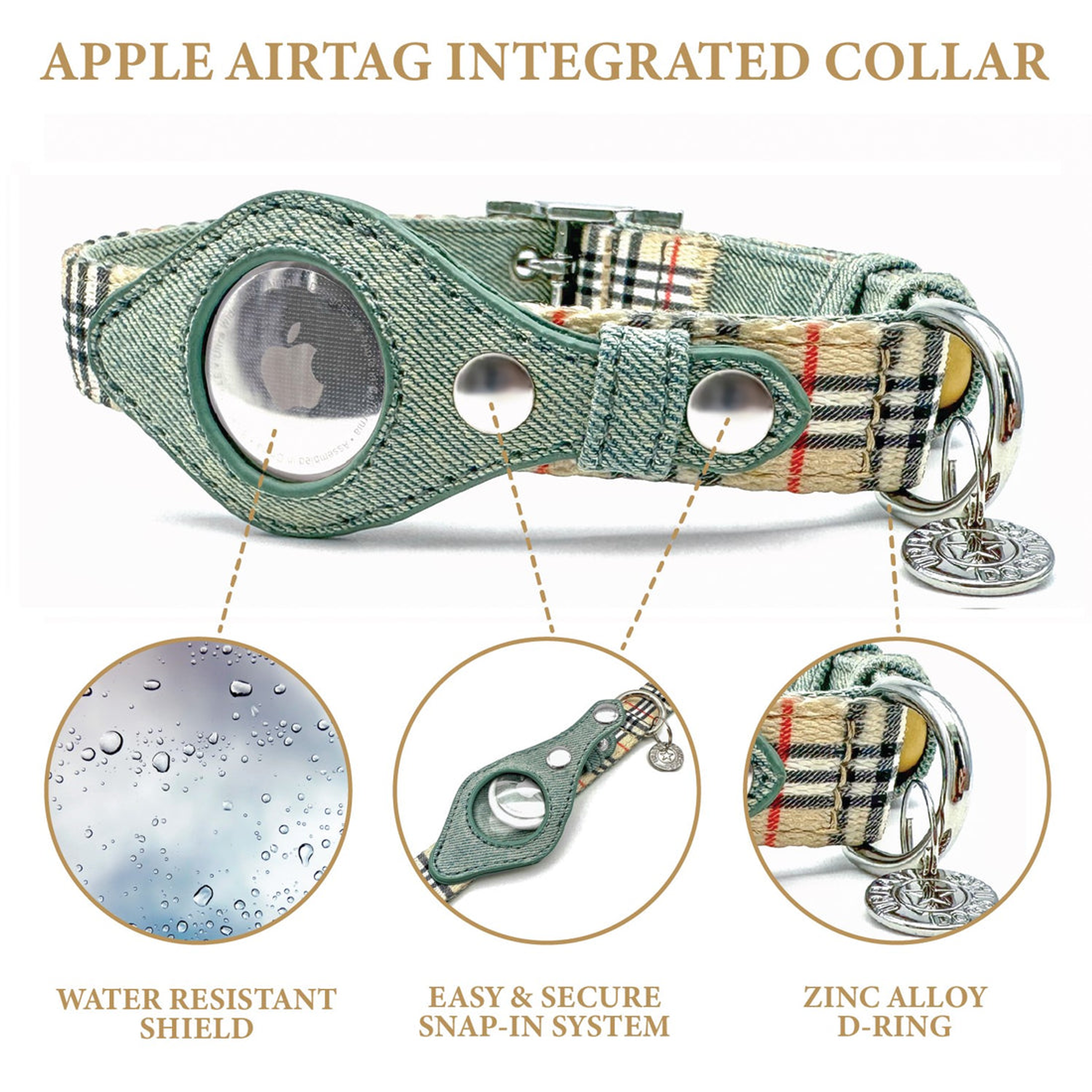 Apple Airtag Collar Medium Beige Plaid & Denim-2