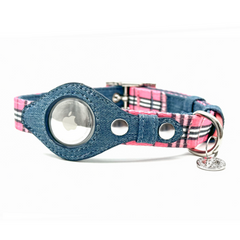 Apple Airtag Collar XS Pink Plaid & Denim