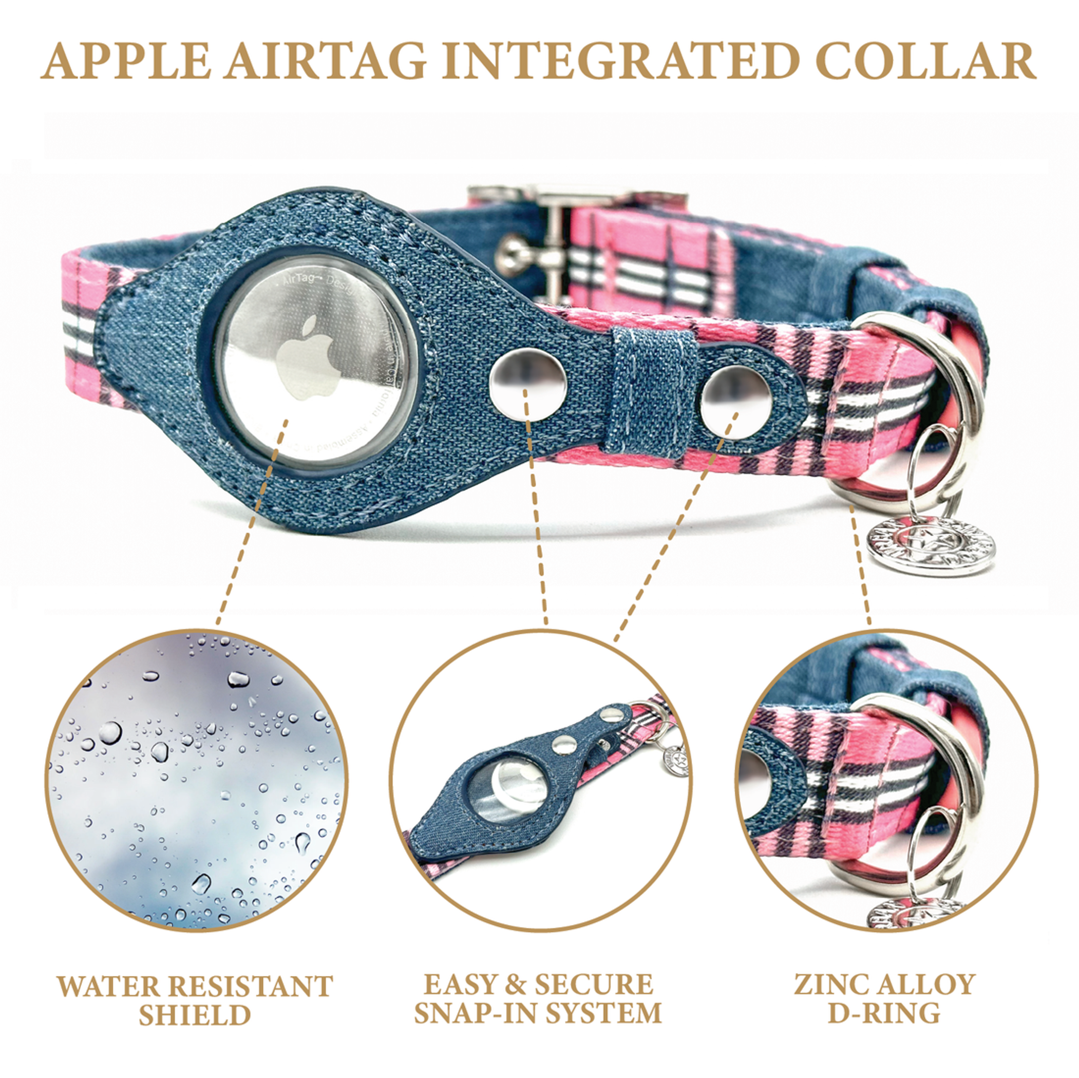 Apple Airtag Collar XS Pink Plaid & Denim-2