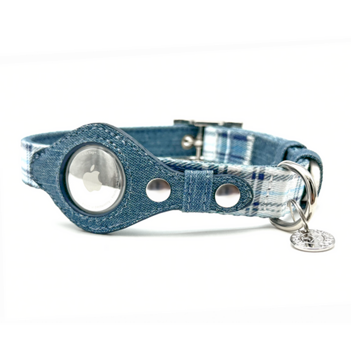 Apple Airtag Collar Large Blue Plaid & Denim