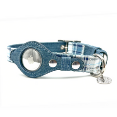 Apple Airtag Collar Large Blue Plaid & Denim