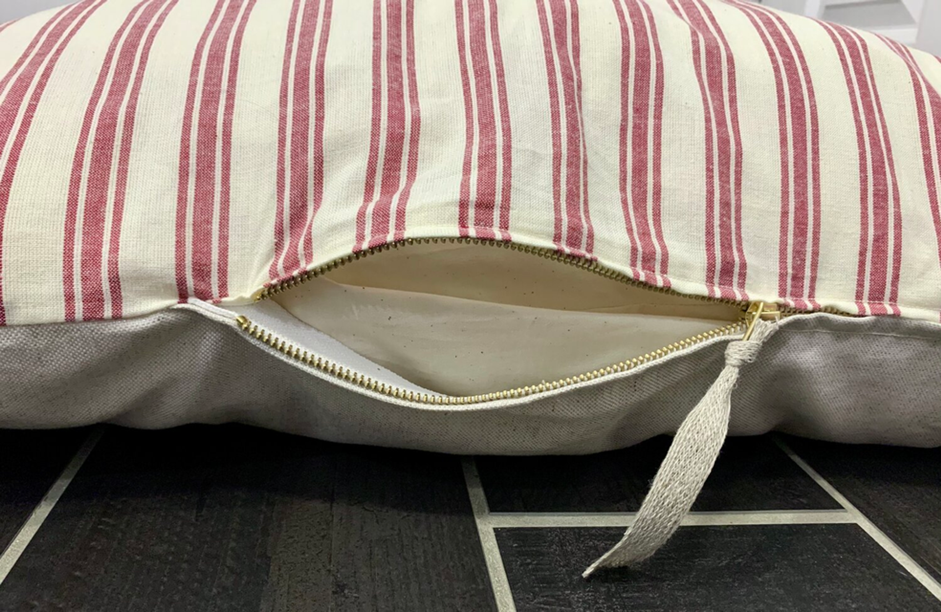 Marblehead Light Red Ticking Stripe Farmhouse Duvet Style Dog Bed S-3