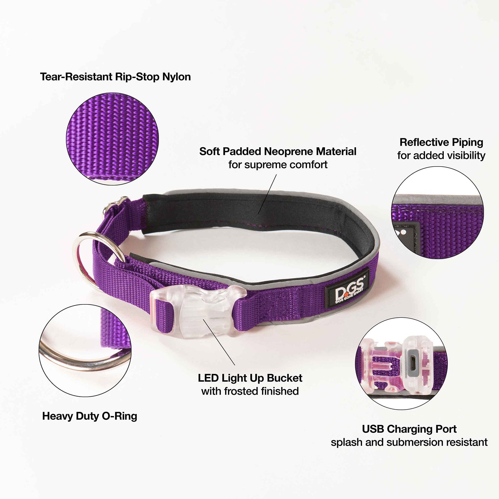 DGS Pet Products Comet Rechargeable Light Up Dog Collar Small Purple-2